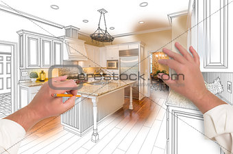 Male Hands Sketching Custom Kitchen with Photo Showing Through