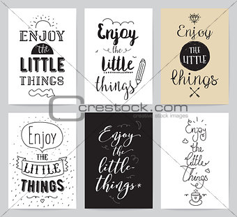 Inspirational cards 6 set. Typographical design. Lettering concept.