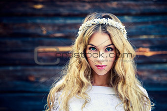 Beautiful Bride on Wooden Background