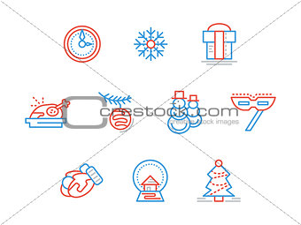New Year party blue and red line vector icons set