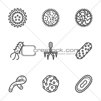 Bacteria and virus black line vector icons set