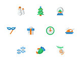Winter entertainment flat color vector icons set