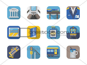 Stylish flat color railway icons vector collection