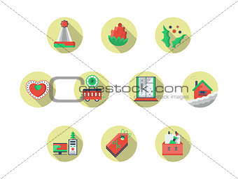 Christmas theme round flat color vector icons set