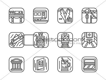 Set of black simple line railway vector icons
