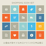 Shopping icon set. Multicolored square flat buttons