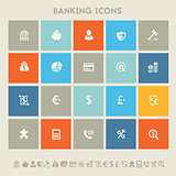 Banking icon set. Multicolored square flat buttons