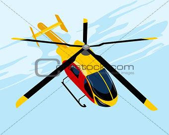 Yellow flying helicopter