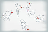 Set of white cats and hearts with wings. EPS10 vector illustration