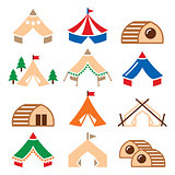 Glamping, luxurious camping tents and bambu houses icons set