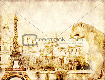 Grunge background with paper texture and landmarks of Paris