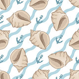 Seamless patterns with seashells and anchors
