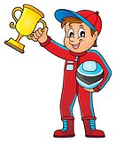 Car racer holding trophy theme image 1
