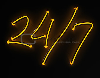 3d render 24 / 7 yellow neon sign isolated on black background