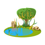 Island with a Lake and Tree. Vector Illustration