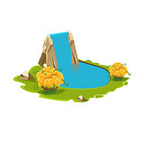 Island with a Lake and Waterfall. Vector Illustration