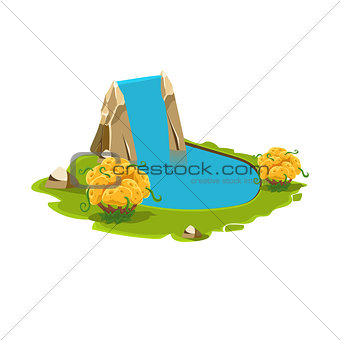 Island with a Lake and Waterfall. Vector Illustration