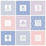 Yoga Icons on Decorative Background. Vector Illustration Set