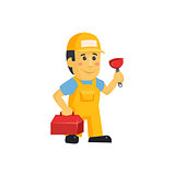 Friendly construction worker man with tools, vector