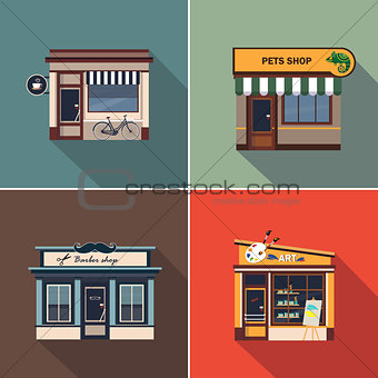 Stores and Shop Facades. Colourful Vector Illustration Set