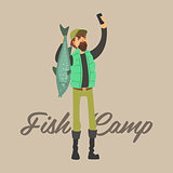 Fisher Making a Selfie with  Fish. Vector Illustration Set