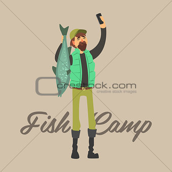 Fisher Making a Selfie with  Fish. Vector Illustration Set