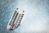 Thermometer in the snow with both celsius and fahrenheit