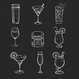 Set of different hand drawn beverages on the blackboard. Vector illustration.
