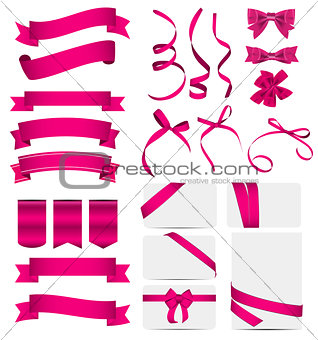 Pink Ribbon and Bow Set. Vector illustration