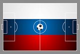 Bright soccer background with ball. Russian colors football field