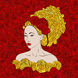 stylized vector illustration of a beautiful geisha girl with red roses and golden hair