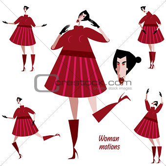 Set of woman motions in red