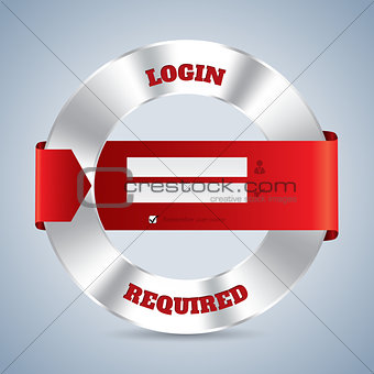 Metallic login screen with red ribbon design