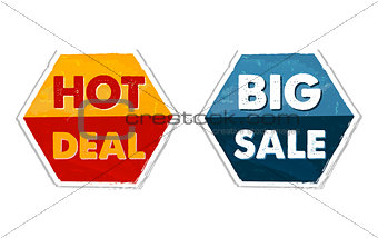 hot deal and big sale in grunge flat design hexagons labels