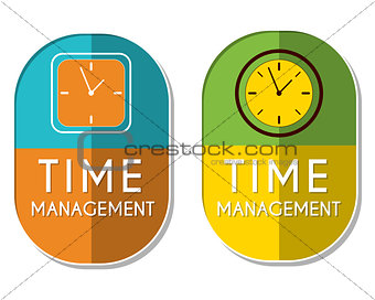 time management with clock signs, two elliptical labels