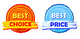 best choice and best price, orange and blue round drawn labels