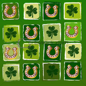 horseshoes and shamrocks in squares over green background