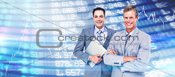 Composite image of  business team standing arms crossed and with a folder