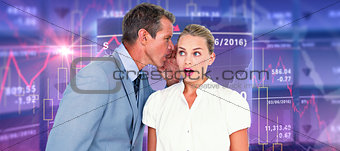 Composite image of  businessman telling secret to a businesswoman