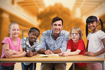Composite image of teacher and pupils smiling at camera at library