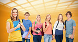 Composite image of a group of college students standing as one girl stands in front of them