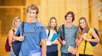 Composite image of a group of smiling college students look into the camera as one man stands in fro