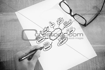 Composite image of left hand writing on white page on working desk