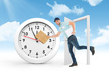 Composite image of happy delivery man running with package