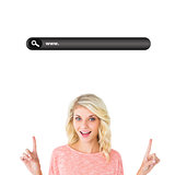 Composite image of pretty blonde smiling and pointing up