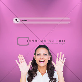 Composite image of pretty brunette holding up hands
