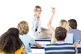 Composite image of student raising hand in classroom