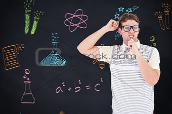 Composite image of geeky hipster thinking with hand on chin