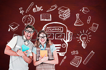 Composite image of geeky hipster couple holding books and smiling at camera