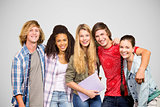 Composite image of cheerful college students in library